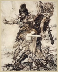 ファソルトは突然フレイアを捕らえ、彼女をファフナーで片側に引きずります。 作： Arthur Rackham