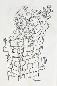 プレゼントを持って煙突に登る父のクリスマス 作： Arthur Rackham