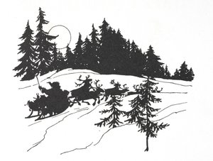 雪に覆われた森をそりで旅する父のクリスマス 作： Arthur Rackham