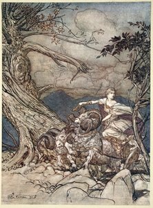 「怒って近づくフリッカ」、1910年。 作： Arthur Rackham