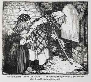 ヘンゼルとグレーテルより、グレーテルとオーブンのそばの年老いた魔女。 作： Arthur Rackham