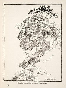 1917年に出版されたグリム兄弟の「Little Brother & Little Sister and Other Tales」から、うめき声を上げながら山を登る。 作： Arthur Rackham