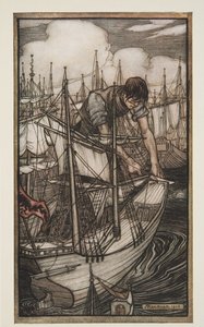 ガリバーはパブのジョナソン・スウィフト（1667-1745）によるガリバー旅行からのエネミー艦隊を奪取します。 1909 作： Arthur Rackham