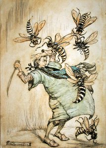 ガリバーのスズメバチとの戦い 作： Arthur Rackham