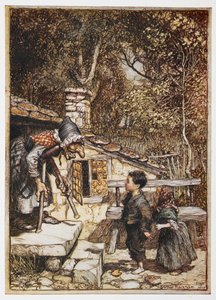 おばあさんの家にいるヘンゼルとグレーテル。 作： Arthur Rackham