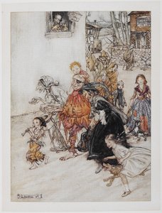 「ハーク！ ハーク！ 犬は吠えます。 通りを歩く道化師、老婦人、子供などのキャラクターのコレクション。 作： Arthur Rackham
