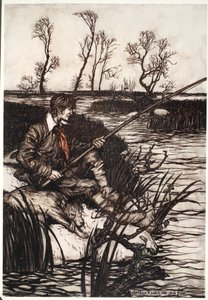 彼は濡れた岩の上に座って、一日中魚を釣っていました。 1910 作： Arthur Rackham