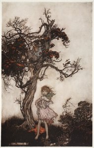 彼の子供たちはまるで彼らが誰にも属していないかのように荒れ狂っていて野生だった。 1910 作： Arthur Rackham