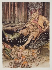 Hop-o-my-thumbはOgreにそっと近づき、パブのThe Arthur Rackham Fairy Bookから7リーグのブーツを脱ぎました。 1933 作： Arthur Rackham