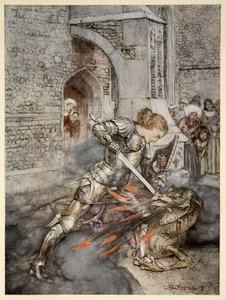 ランスロット卿が友好的なドラゴンとどのように戦ったか、アルフレッドWポラードの「アーサー王とその円卓の騎士のロマンス」のイラスト、1910年 作： Arthur Rackham