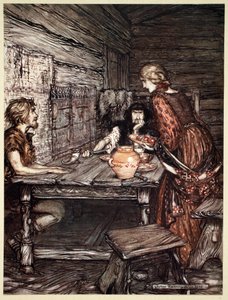 「フンディング、ジークムントとジーグルンデの類似性を発見」、1910 年。 作： Arthur Rackham
