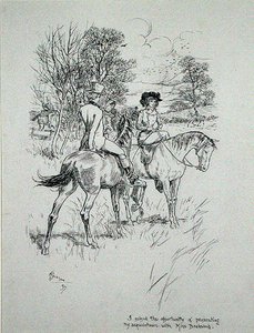 私はミス・ダッシュウッドとの知り合いを続ける機会を得た」チャールズ・オマリー著「The Irish Dragoon」（1897年発行）の挿絵（紙にペン＆インク 作： Arthur Rackham