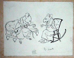 ハンス・アンダーソン童話集』（1932年刊）の「ソーセージペグのスープ」の挿絵（紙にペンとインク）。