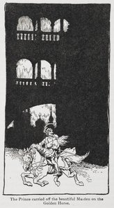 王子が馬に乗って乙女を運び去るときの黄金の鳥のイラスト. 作： Arthur Rackham