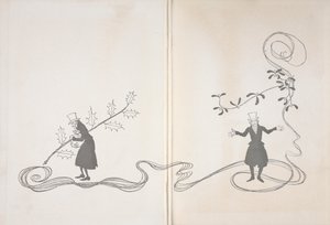 スクルージのイラスト。 一方では、彼はヒイラギの小枝によって描かれ、お金の袋を握りしめ、怒っているように見えます. 一方、彼はヤドリギの小枝が幸せそうに描かれています。 作： Arthur Rackham