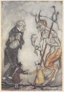 スクルージと悪魔がその下にいる 2 人の小さな男性のイラスト 作： Arthur Rackham