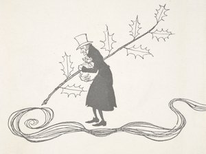 ヒイラギの小枝で描かれたスクルージのイラストは、お金の袋を握りしめ、怒っているように見えます。 作： Arthur Rackham