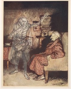 過去のクリスマスの幽霊とスクルージのイラスト 作： Arthur Rackham