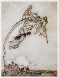 四賢兄弟の姫をさらうドラゴンのイラスト。