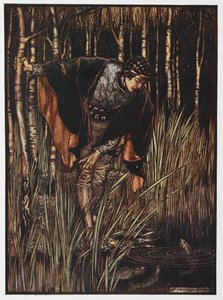Ilustração de um jovem em um lago de The White Snake. 作： Arthur Rackham