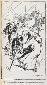 三人の魔女、マクベスとバンクォーのイラストです。 作： Arthur Rackham