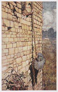 ラプンツェルの髪をよじ登る魔女のイラスト。 作： Arthur Rackham