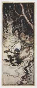 Ilustração de dois patos carregando uma chave de The Queen Bee. 作： Arthur Rackham