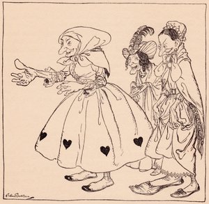 奇抜な服装をした三人の女性が入ってきた。 イラストはグリム童話「紡ぐ三人の女」のアーサー・ラッカム。 作： Arthur Rackham