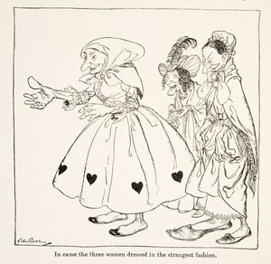 1917年に出版されたグリム兄弟の「Little Brother & Little Sister and Other Tales」から、最も奇妙なファッションに身を包んだ3人の女性が登場しました。 作： Arthur Rackham