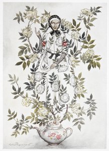 No meio de uma árvore estava sentada uma mulher de aparência bondosa. Uma grande planta crescendo em um bule. Uma velha entre os galhos. Uma ilustração colorida para 