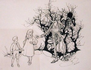 骸骨のようなものだった」、S.J.エイダー・フィッツジェラルド著「The Zankiwank and the Bletherwitch」（1896年発行）の挿絵（ペン＆インク 作： Arthur Rackham