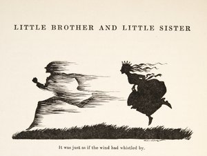 グリム兄弟の「リトル・ブラザー＆リトル・シスターとその他の物語」（1917年出版）より、「まるで風が吹いているかのようだった」（リトグラフ）。 作： Arthur Rackham