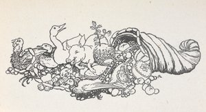 Items from a Christmas feast spilling out from a horn-shape. Items include a Christmas pudding, sausages, a turkey, a pig, a duck, a pheasant, a pie and fruits.   1454008   ja       japanese Successfully Translated  Original: St Francis and St Peter, by Ta
