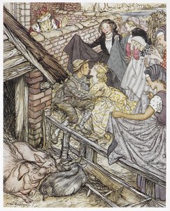 「豚飼いが86回目のキスをしていたとき」、「豚飼い」のイラスト、ハンス・クリスチャン・アンデルセン 作： Arthur Rackham