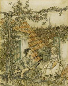 屋根の上の庭にいるケイとゲルダ。雪の女王の物語のイラスト、18 作： Arthur Rackham