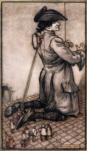 Lilliputian tailors measuring Gulliver to make him new suit, illustration by Arthur Rackham (1867-1939) from Gulliver