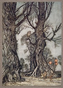 JMバリー（1860〜1937）が経営するケンジントンガーデンズのピーターパンのパブ。 1906 作： Arthur Rackham
