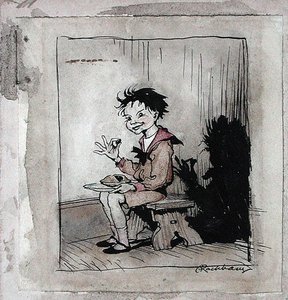 リトル・ジャック・ホーナー（1913年出版の「マザーグース、古い童謡」からのイラスト）（紙にペンとインク、水彩画 作： Arthur Rackham