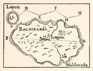 パートIIIのラピュタ（空飛ぶ島の右上）とバルニバルビ（メイン港マルドナダ）の地図：ジョナサンスイフトのガリバー旅行におけるラピュタ、バルニバルビ、ラグナッグ、グルブダブドリ、および日本への航海