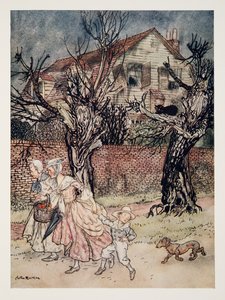 ウォンストンアーヴィング（1783〜1859）のパブのThe Legend of Sleepy Hollowからのホーンテッドフィールド、ホーンテッドブルックス、ホーンテッドハウスの素晴らしい物語。 1928 作： Arthur Rackham