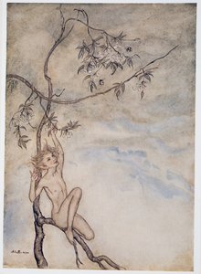 陽気に、陽気に、私は今、枝に掛かっている花の下に住んでいます。 1926 作： Arthur Rackham