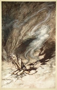 「受けたまつげの下で身もだえするパントマイム」、1910年。 作： Arthur Rackham