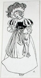ウナ・フォン・ソムシング嬢、トーマス・インゴールドビー著「The Ingoldsby Legends, or Mirth and Marvels」（1898年発行）のイラスト（紙にペンとインク）。 作： Arthur Rackham