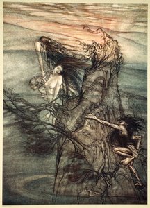 「あざけって！ モック！ ニーベルングはあなたのおもちゃになります！」、1910年。 作： Arthur Rackham