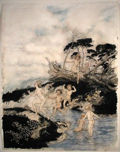 ナサニエル・ホーソンの「A Wonder Book」からの挿絵「Oh what a good time to be alive」（1922年発行、紙にペンとインクと水彩画 作： Arthur Rackham