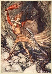 「おへっ！ おい！ 恐ろしいドラゴンよ、飲み込まないで！ 哀れなローゲの命を助けて！」、1910年。 作： Arthur Rackham