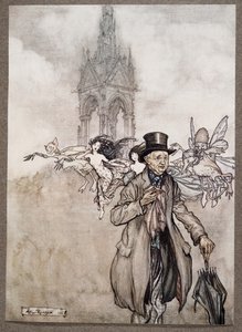 サルフォード老人は、JMバリー（1860-1937）によってケンジントンガーデンズのピーターパンからパブで一日中ガーデンをさまよった老紳士のカニりんごでした。 1906 作： Arthur Rackham