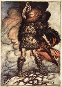「神々の一人、ドンナーが霧を呼び寄せる」、1910年。 作： Arthur Rackham