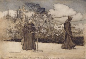 パドレアロンゾが彼を視界から外に見た、1907年のエレノアゲイツによるグッドナイトのイラスト（紙にペンとインクとトイレ） 作： Arthur Rackham
