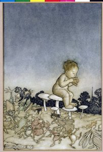 ピーターパンは、妖精のオーケストラ、ケンジントンガーデンのピーターパンのイラスト、JMバリー、1806年（紙にペンとインクとトイレ） 作： Arthur Rackham